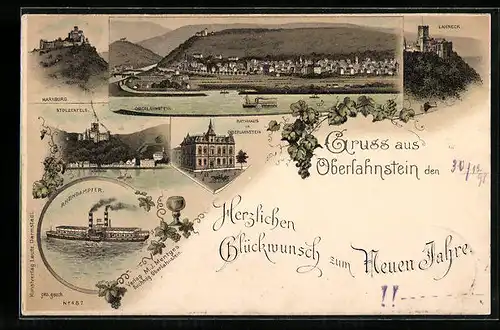 Lithographie Oberlahnstein, Gesamtansicht, Marxburg, Rheindampfer