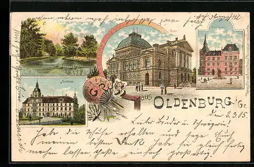 Lithographie Oldenburg i. Gr., Rathaus, Schlossgartenpartie, Theater