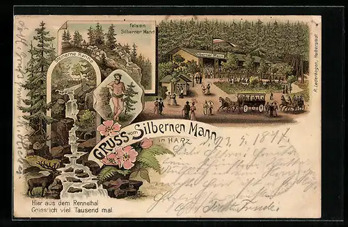 Lithographie Hasserode /Harz, Gasthof Silberner Mann mit Garten, Steinerne Renne
