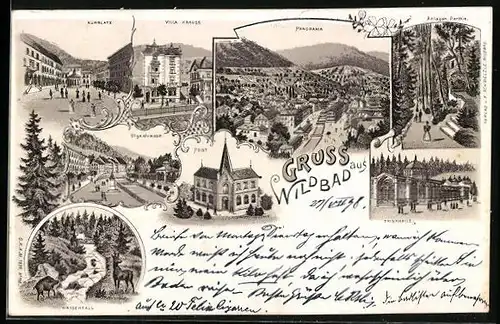 Lithographie Wildbad, Panoramablick mit Kurplatz, Olgastrasse, Post, Trinkhalle und Villa Krauss