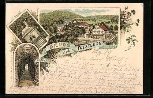 Lithographie Treseburg, Ortsansicht mit Hotel Weisser Hirsch, Wilhelmsblick, Pfeil-Denkmal