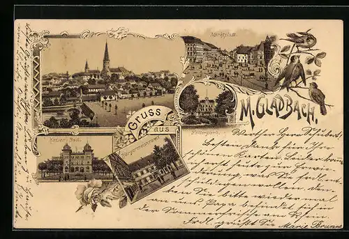 Lithographie M. Gladbach, Totalansicht, Marktplatz, Kaiser-Bad