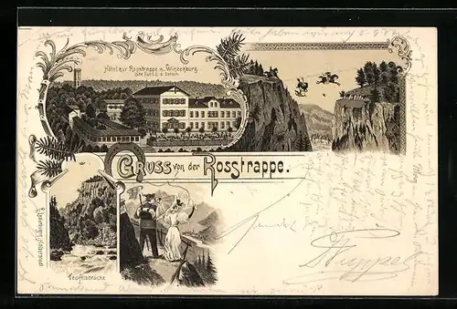 Lithographie Thale, Hotel zur Rosstrappe mit Winzenburg, Rosstrappenfelsen, Teufelsbrücke