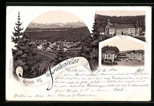 Lithographie Friedenweiler, Schloss, Stadtplatz, Ortsansicht