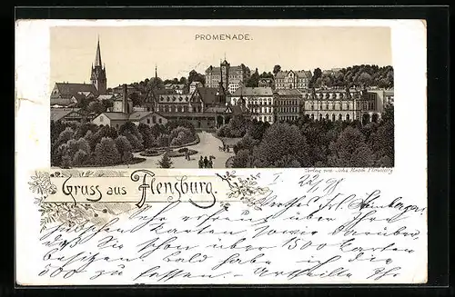 Lithographie Flensburg, Promenade mit Kirche