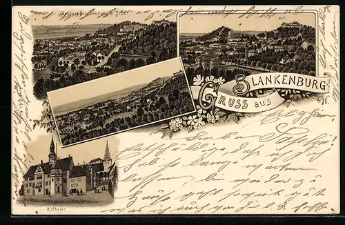 Lithographie Blankenburg a. H., Ortsansicht mit Blick auf Rathaus, Schloss und Stadt