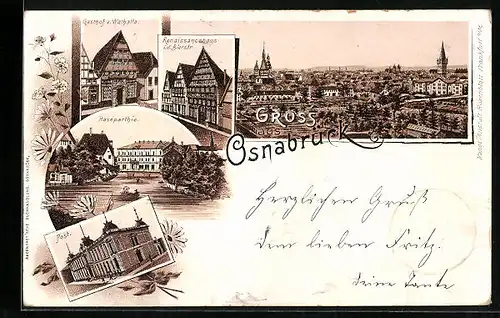 Lithographie Osnabrück, Hasenpartie, Post, Gasthof z. Walhalla, Totalansicht aus der Vogelschau