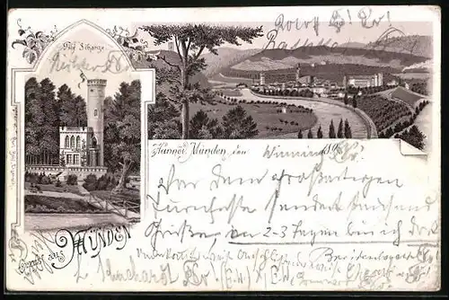 Vorläufer-Lithographie Münden, Tilly Schanze, Panorama 1895