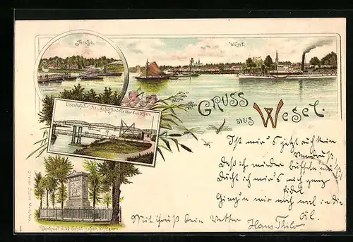 Lithographie Wesel, Arche, Eisenbahnbrücke, Schiffbrücke