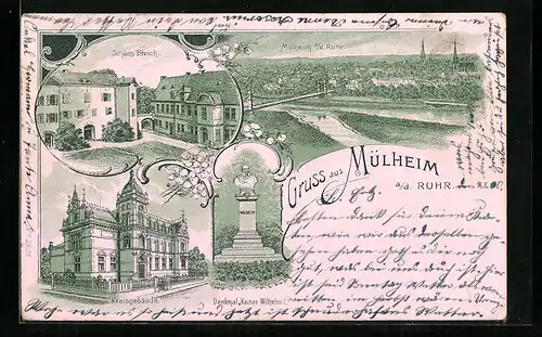 Lithographie Mülheim a. d. Ruhr, Panorama, Schloss Broich, Kreisgebäude