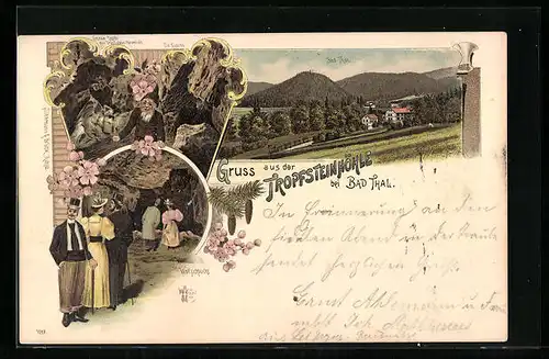 Lithographie Bad Thal, Tropfsteinhöhle, Grosse Grotte mit Tropfstein-Pyramide und Kapelle, Wolfschlucht, Ortspartie