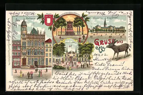 Lithographie Wesel, Restaurant am Schützenplatz, Kaserne Esplanade, Rathaus, Esel