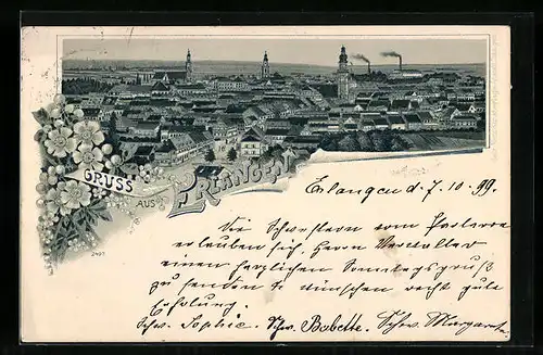 Lithographie Erlangen, Totalansicht aus der Vogelschau