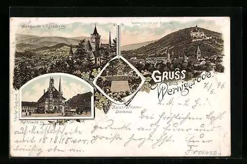 Lithographie Wernigerode / Harz, Rathaus mit Brunnen, Kaiser Wilhelm-Denkmal, Ortsansicht v. Agnesberg