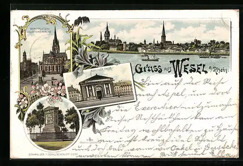Lithographie Wesel a. Rhein, Berliner Tor, Marktplatz mit Willibrordbrücke, Totalansicht