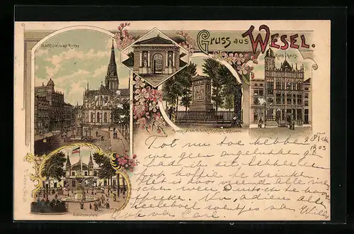 Lithographie Wesel, Marktplatz mit Kirche, Schützenplatz