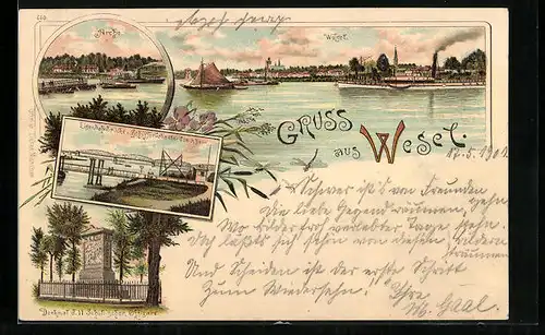 Lithographie Wesel, Weser, Arche, Eisenbahnbrücke