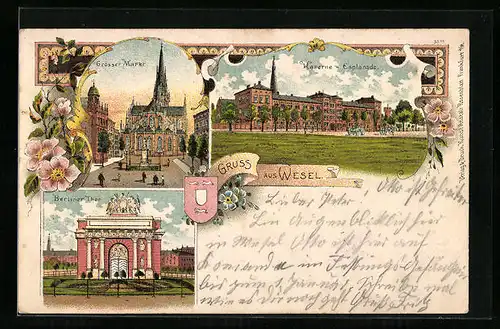 Lithographie Wesel, Grosser Markt, Kaserne-Esplanade, Berliner Thor