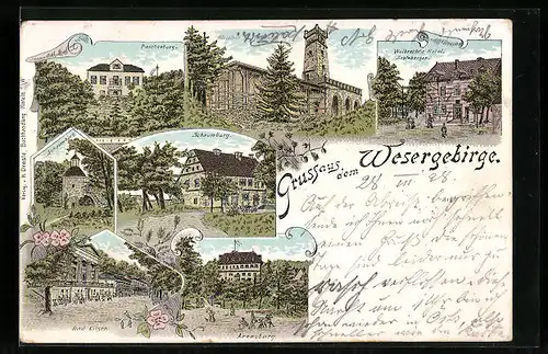 Lithographie Bad Eilsen, Paschenburg, Schaumburg, Rinteler Klippenturm