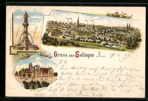 Lithographie Solingen, Teilansicht, Laufbrunnen am alten Markt, Burg a. d. Wupper