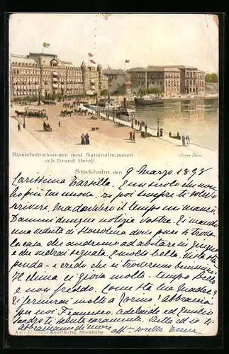 Lithographie Stockholm, Blasiholmshamnen med Nationalmuseum och Grand Hotell