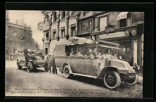 AK Paris, Autobusse der Firma Agence de Grand Voyages bei der Abfahrt zu einem Ausflug