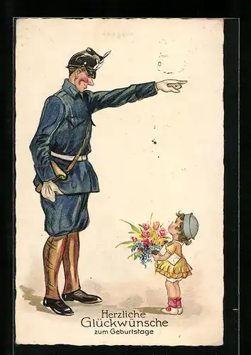 AK Polizist und Mädchen mit Blumen