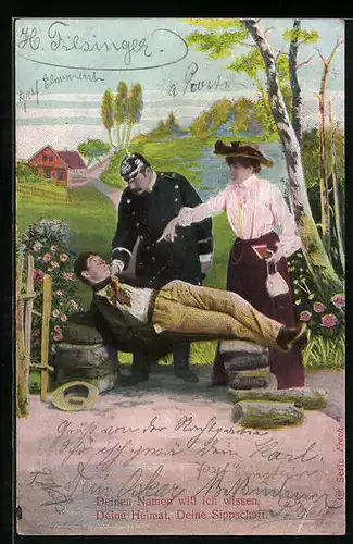 AK Polizist befragt Herren auf Bank, Deinen Namen will ich wissen...