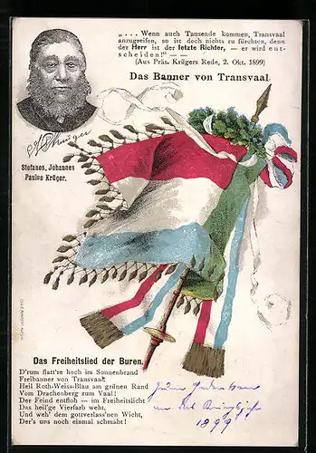 AK Das Banner von Transvaal, Freiheitslied der Buren in Textform, Portrait von Stefanes Johannes Paulus Krüger