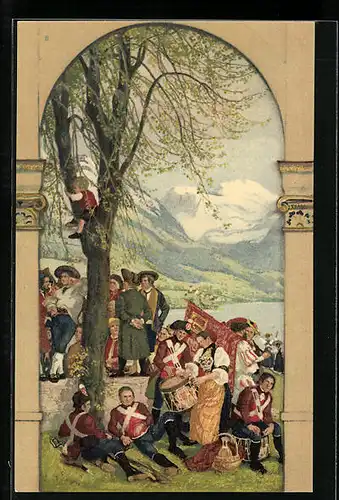 Künstler-AK Schweizer Bundesfeier 1918, Schweizer Anwohner und Soldaten, Ganzsache