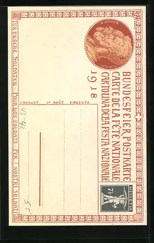 Künstler-AK Schweizer Bundesfeier 1918, Versammlung von Bürgern, Ganzsache