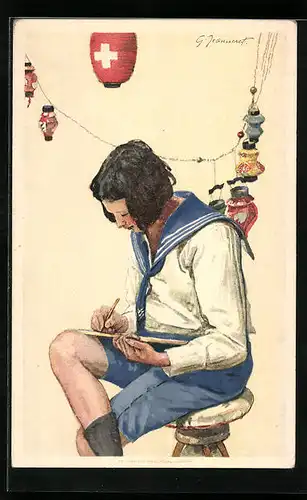 Künstler-AK Schweizer Bundesfeier 1925, Mädchen in Marineuniform schreibt etwas auf, Ganzsache