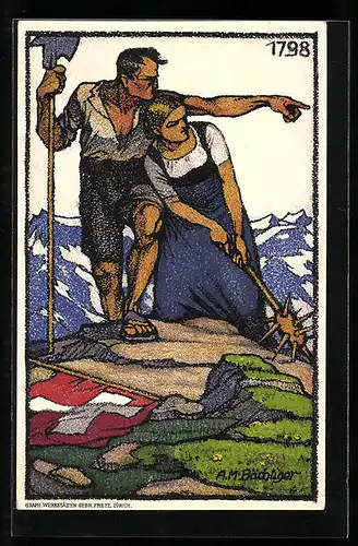 Künstler-AK Schweiz, Schweizer Bundesfeier 1913, Paar mit Axt und Fahne auf einem Berg, Ganzsache