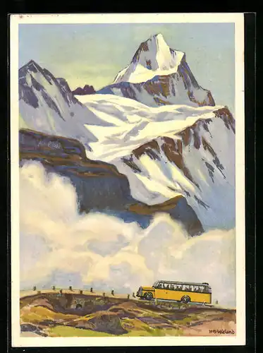 Künstler-AK Autobus der Schweizer Alpenpost auf einer Pass-Strasse