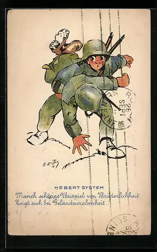 AK Soldat im Gelände mit Kamerad unter dem Arm, Karikatur