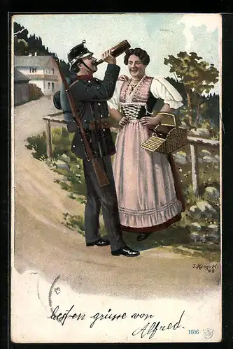 AK Soldat beim Stelldichein trinkt aus einer Weinflasche