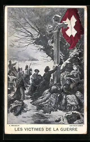 AK Trauernde Frauen an einem Denkmal für die Kriegsopfer mit Schweizer Fahne