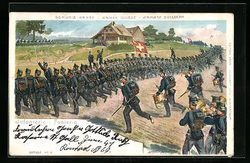 Lithographie Soldaten stürmen auf zum Kampf, schweizer Armee