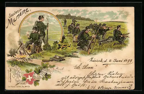 Lithographie Soldatengruss, Schweizer Infanterie