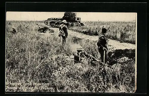 AK Whippet Tank in action Troops diggin in France