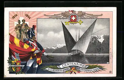 AK Genève, Centenaire de la Réunion de Genève à la Confédération Suisse 1814-1914, Segelboot vor der Küste