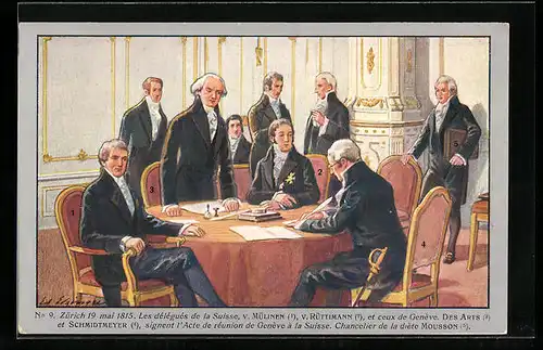 Künstler-AK Zürich, Les Delegues de la Suisse, signent l`Acte de reunion de Geneve a la Suisse, Militär