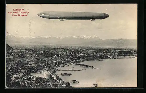 AK Bregenz, Luftschiff von Graf Zeppelin über dem Ort