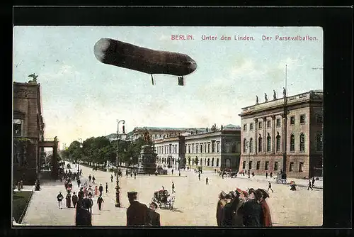AK Berlin, Unter den Linden, Luftschiff über Denkmal Friedrichs des Grossen