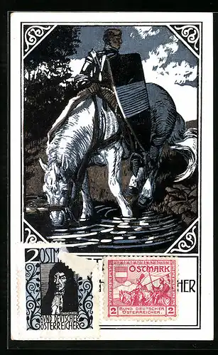 Künstler-AK Reiter mit Schild auf weissem Ross, Bund Deutscher Österreicher, Karte Nr. 1 Ostmark