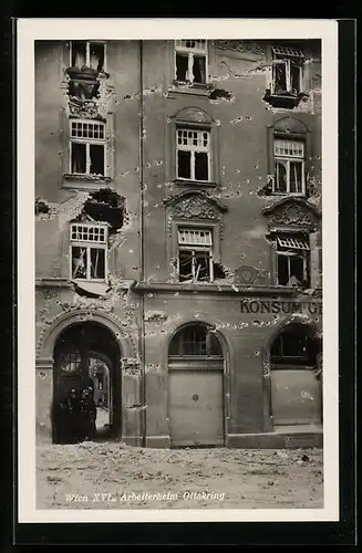 AK Wien-Ottakring, Fassade des Arbeiterheimes nach der Beschiessung