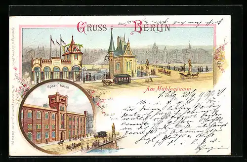 Lithographie Berlin, Blick auf den Mühlendamm, Gebäude der Sparkasse