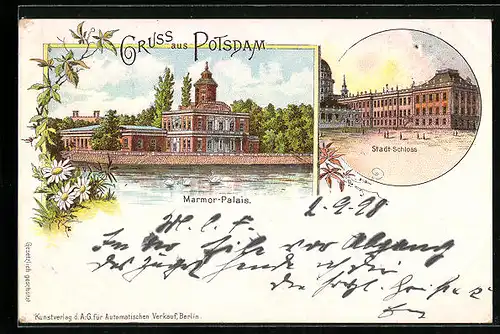 Lithographie Potsdam, Marmor-Palais, Stadt-Schloss