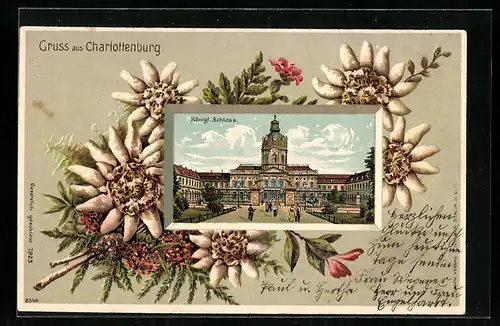 Passepartout-Lithographie Charlottenburg, Blick auf das königliche Schloss, Edelweiss