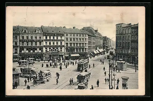 AK Berlin, Strassenbahnen auf dem Moritzplatz, Moebel Boebel